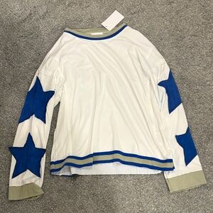White Long Sleeve Shirt with Blue Star Accents